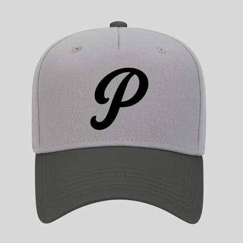 Gray cap with a black 'P' logo on a light gray background